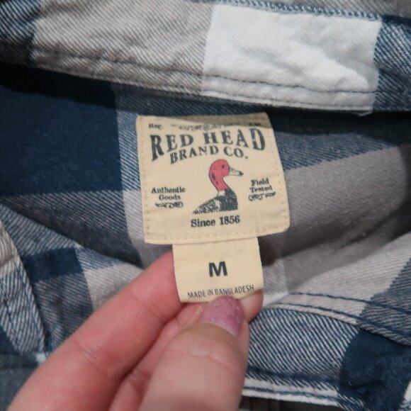 Red Head Shirt Mens M Blue Checks Flannel Button Up Collared Workwear Casual - Picture 10 of 16
